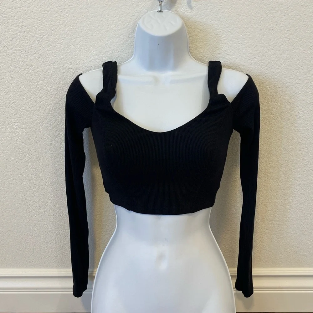 Alo Yoga Ribbed Cropped Butterfly Long Sleeve Black Top Cutout Cold Shoulder S